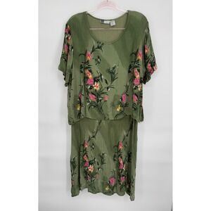 La Cera Women's Sz 2XL Vintage Olive Green Floral Print Rayon Dress‎